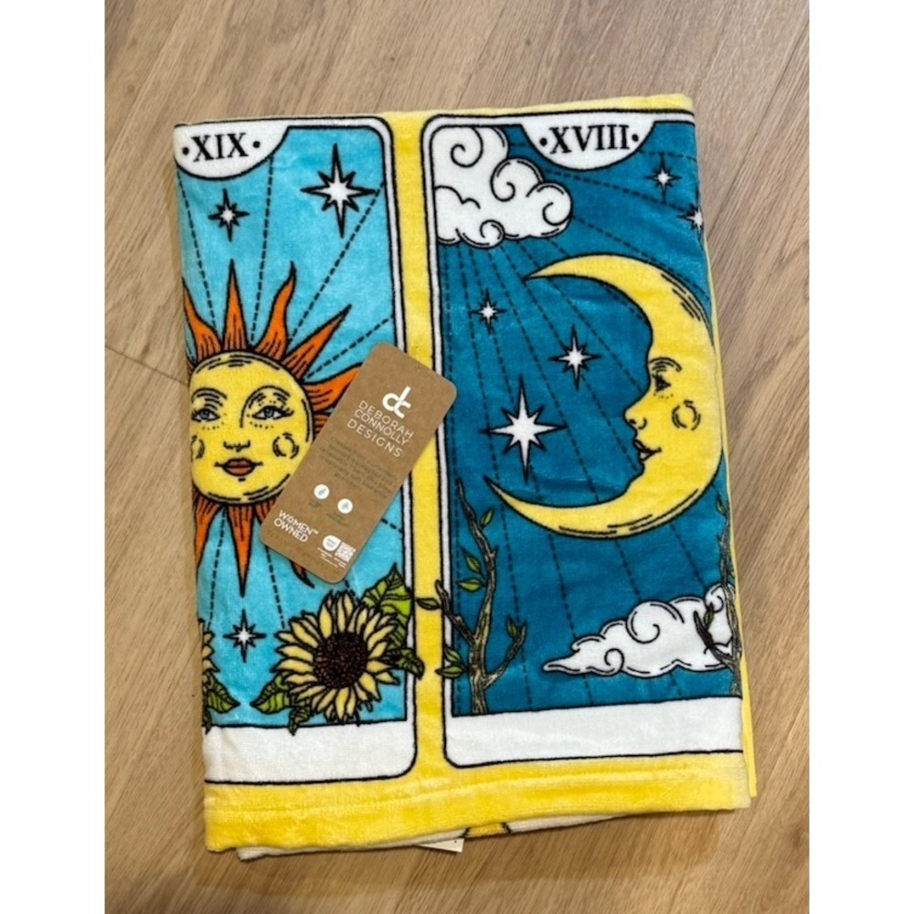 Deborah Connolly Designs Tarot Card Beach Towel Sun Moon Teal Yellow 36x68 NEW